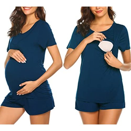 Ekouaer Maternity Pajamas Set Labor/Delivery/Nursing for Hospital Home, Basic Nursing Shirt, Adjustable Size Pregnancy Shorts