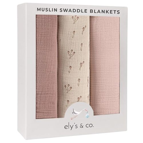 Ely's & Co. Muslin Swaddle Blanket 3-Pack for Baby Boy— 100% Cotton Muslin Extra-Large Swaddle Blankets (47”x 47”) Mauve Bluebell | Swaddle Blankets, Extra-Large, for Baby Boy