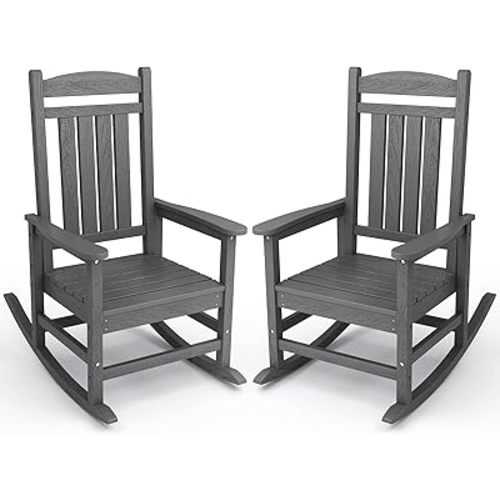 KINGYES HDPE Patio Rocking Chair Set of 2, Outdoor Rocking Chairs Porch Rocker for Adults, Grey