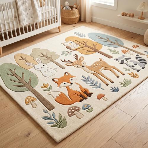 Hand Tufted Wool Woodland Animals Nursery Rug, Forest Fox Deer Bunny Playroom Kids Carpet