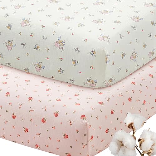 SiinvdaBZX 2 Pack Muslin Crib Sheets for Girls, Ultra Soft Cotton Breathable Fitted Baby Crib Mattress Sheets for 52"x28" Standard Toddler Mattress (Little Fairy + Flower)