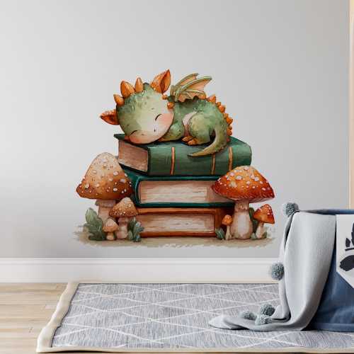 Sleeping Dragon Wall Decal – Books Nursery Wall Sticker for Kids Room, Peel and Stick Girls Boys Room Removable wall Stickers