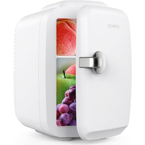 CROWNFUL Mini Fridge, 4 Liter/6 Can Portable Cooler and Warmer Personal Refrigerator for Skin Care, Cosmetics, Beverage, Food,Great for Bedroom, Office, Car, Dorm, ETL Listed (White)