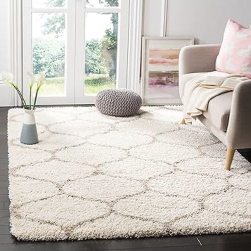 SAFAVIEH Hudson Shag Collection Area Rug - 6' x 9', Ivory & Beige, Moroccan Ogee Trellis Design, Non-Shedding & Easy Care, 2-inch Thick Ideal for High Traffic Areas in Living Room, Bedroom (SGH280D)