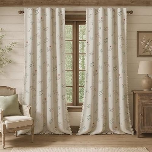 Farmhouse Floral Curtains 96 Inches Long 100% Blackout Living Room Drapes, Linen Blend Bohemian Window Curtain Panels with Tassel Bedroom 2 Panels Thermal Insulated Room Darkening