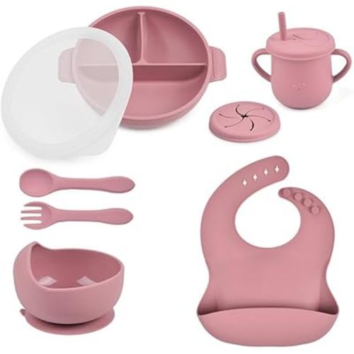 Silicone Baby Feeding Set - Perfect silicone plates for baby and Toddler Plates with lid, Baby Bowls with Suction, Baby Utensils - Baby Led Weaning Supplies and Eating Essentials - (Pink)