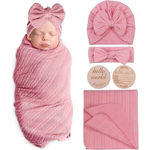 Newborn Receiving Blanket with Bow Hat Headband Wooden Card Set Wheat-Pattern Newborns Toddler Baby Boy Girl Nursery Swaddle Wrap