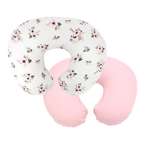 TILLYOU Nursing Pillow Cover - Egypt Cotton Care for Baby Boy Girl,Breathable Nursing Slipcover,Feeding Position Support - Pink and Floral Flowers - 2-Pack