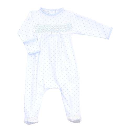 Magnolia Baby Boy Gingham Dots Smocked Footie in Light Blu