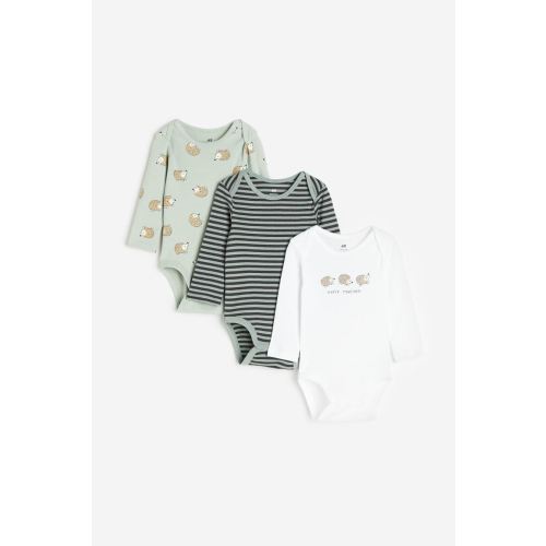 3-pack Long-sleeved Bodysuits - Light green/Hedgehogs, NB (1-2M)