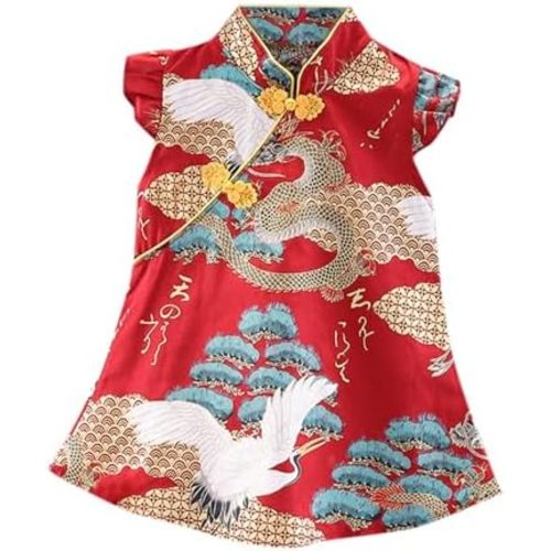 Baby Girls Chinese New Years Traditional Qipao Cheongsam Dress Dragon Print Sleeveless Shorts Outfit Set