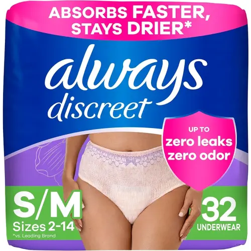 Always Discreet Adult Incontinence Underwear for Women and Postpartum Underwear, Small/Medium, Up to 100% Bladder Leak Protection, 32 Count