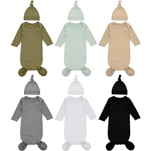 Cuffbow 6 Packs Newborn Baby Knotted Gowns Set 0-6 Months Cotton Sleeper Long Sleeve Nightgown Hat Set for Infant