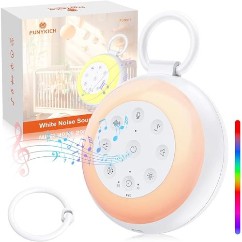 Portable Sound Machine with Night Light, Travel Sound Machine for Baby Adults Sleeping, 24 Soothing Sounds, 50+ Hours Battery Life, Wireless Speaker & Recording Function, Sleep Timer, White