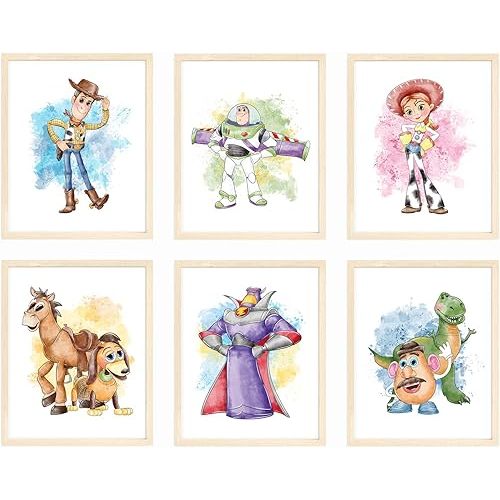 Nistio® Toy Story Watercolor Prints, Toy Story Wall Art Decor, Toy Story Poster, Woody Sheriff, Buzz Lightyear, Mr. Potato Head, Set of 6, 8x10 inches (Unframed)