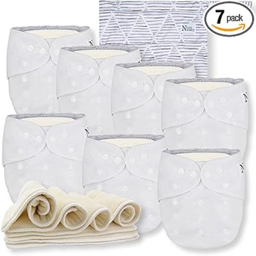 Nora's Nursery Cloth Diapers 7 Pack with 7 Inserts & 1 Wet Bag - Waterproof Cover, Washable, Reusable & One Size Adjustable Pocket Diapers for Newborns and Toddlers - Winter White