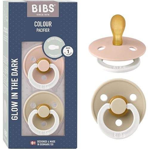 BIBS Pacifiers 0-6 Months | 2-Pack Soothers | BPA-Free Symmetrical Nipple | Made in Denmark | Blush Glow/Vanilla Glow Colour Pacifier
