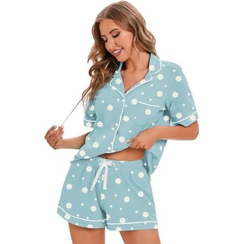 LUBOT 100% Cotton Pajamas for Women 2 Piece PJ Set Button-Down Soft Knit Short Sleeve Summer Sleepwear Loungewear XS-XXL