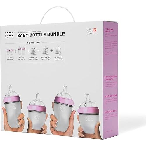 Comotomo Baby Bottle Bundle, Pink, (7 Piece Set)