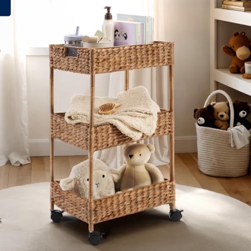 3-Tier Water Hyacinth Rolling Nursery Caddy w/Wheels, Utility Cart, Storage Organization for Bathroom, Craft Room, Laundry Room– Chestnut