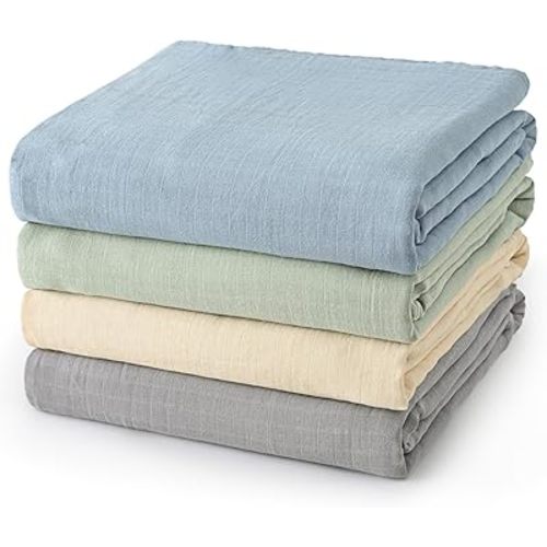 david's kids 4 Pack Baby Muslin Swaddle Blankets 47" x 47", 100% Cotton Swaddle Wrap for Boys Girls, Ultra Soft Breathable Receiving Blanket for Newborns, Dusty Blue & Sage Green & White Cap & Grey