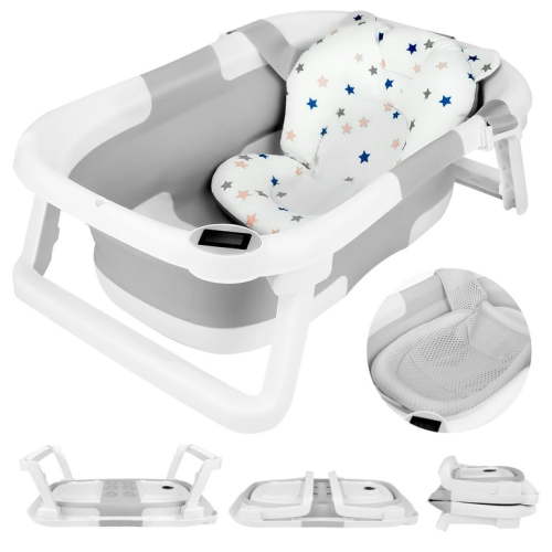 Collapsible Baby Bathtub,BUSATIA Baby Bath Tub with Soft Thermometer & Soft Floating Cushion & Bath Net,Baby Bathtub Newborn to Toddler 0-36 Months,Portable Travel Baby Tub,Gray