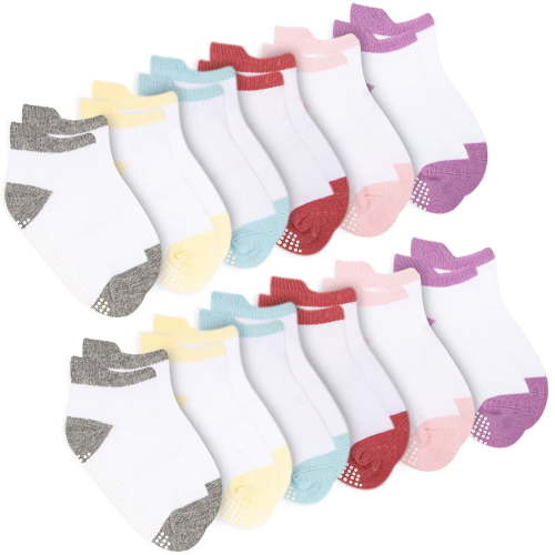 Dynadans 12-Pairs Non-Slip Medium Thick Cotton Ankle Socks for Infant and Toddler(0-12Month/1-3T/3-5T)