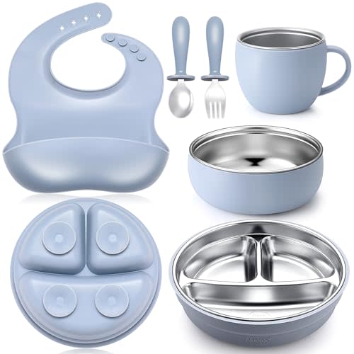 Nuogo 6 Pcs 304 Stainless Steel Kids Plates and Bowls Set Stainless Steel Suction Bowls and Toddler Cup with Removable Silicone, Forks Spoons Pocket Bib for Baby Toddle