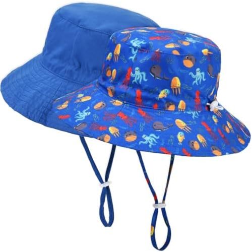 Baby Sun Hat Adjustable - 2pcs Toddler Kids Wide Brim Bucket UPF 50+ Summer Play Hat with Chin Strap