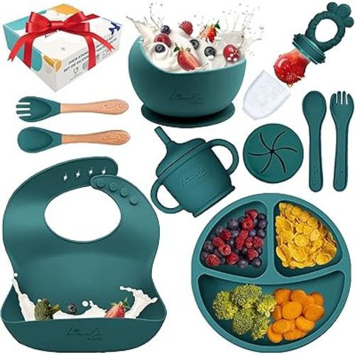 Silicone Baby Feeding Set | Empower Your Little One's Independence - Baby Led Weaning Feeding Supplies for Toddlers with Suction Plates, Suction Bowl, Bibs, Suction Cup, Spoons & Forks (Green Spruce)