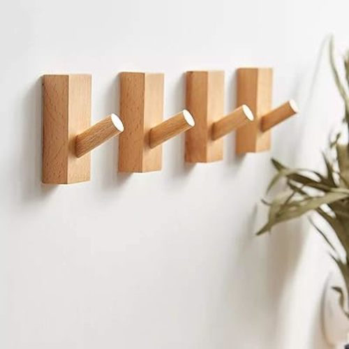 HomeDo 4Pack Adhesive Wall Hooks Hat Rack, Wooden Coat Hooks Wall Mounted, Decorative Hooks Single Organizer Hat Hanger Towel Rack, Heavy Duty Hooks (Rectangle-Beech,4P)