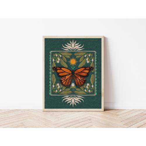 Boho Monarch Butterfly Art, Floral Folk Art and Butterfly Illustration, Native Milkweed and Sun Insect Wall Décor, Flora and Fauna Print