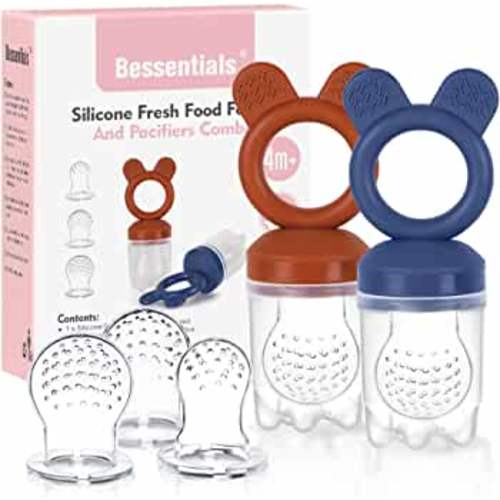 2 Packs Baby Fresh Fruit Feeder Pacifier BPA Free [3 Sizes Silicone Food Pouches Included] (Dark Red & Navy Blue)
