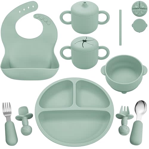 Bufims Silicone Baby Feeding Set, Baby Led Weaning Supplies, Eating Essentials Utensils with Suction Plate and Bowl, Pocket Bib, Sippy Cup with Lid, Forks Spoons Snack Container, for 6+ Months, Green