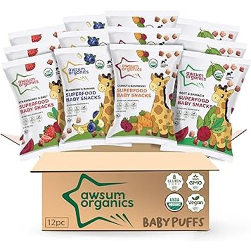 Awsum Organics Baby Snacks - Happy Healthy Baby Food - Snack for Babies - Organic Vegan Kosher Gluten Free - Natural Plant Based Protein Puffs - Non-Allergy - No Added Sugar 0.75 Oz Bag (Variety, 12 packs).