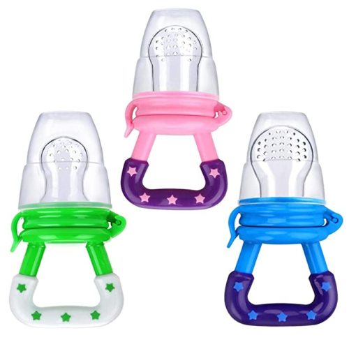 Baby Fruit Food Feeder 3Pack Silicone Nipple Fresh Pouches Teething Toy Aching Gums Pacifier Reusable Green Pink Blue(S,M,L) - Multi