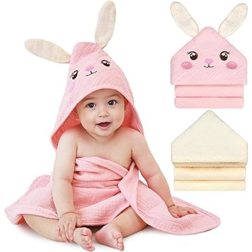 Unicorn Castle Hooded Baby Towels 2Pack 100% Muslin Baby Bath Towels for Newborn Animal Design Ultra-Soft Baby Girl Boy Bath Essentials 30 X 30 Inch, Pink Rabbit- Beige