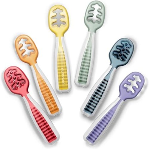 NumNum Baby Spoons Set, Baby Essentials Pre-Spoon GOOtensils for 6+ Months, First Stage Self-Feeding Spoons for Baby Led Weaning (BLW), Silicone Toddler Utensils, BPA-Free, 6 Pack Rainbow