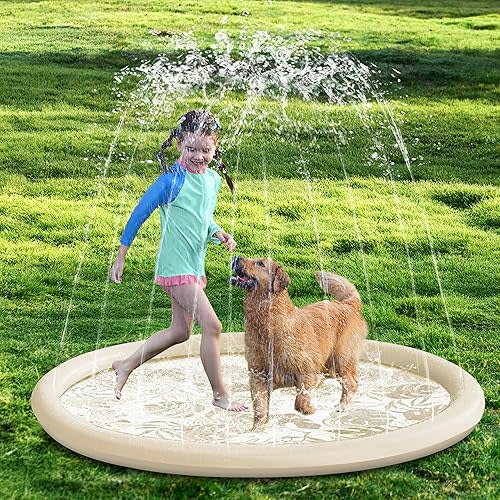 SLOOSH Splash Pad Sprinkler Mat - 6ft Tropical Leaves Outdoor Water Play Toys for Kids Dogs, Backyard Party in Summer Decor Outside Water Games Fountain Pool Children Boys Girls Toddlers (Champagne)