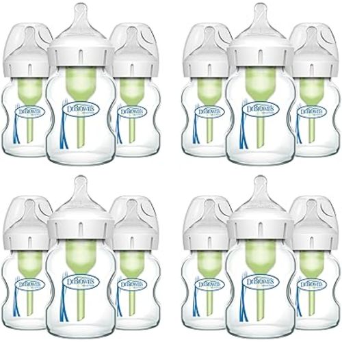 Dr. Brown's Anti-Colic Options+ Wide-Neck Glass Baby Bottle, 5 oz/150 mL, with Level 1 Slow Flow Nipple, 0m+, 3 Count (Pack of 4)