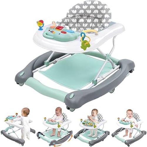 Foldable Baby 5-in-1 Activity Walker - Rocker, Activity Center, Bouncer, Seat Walker, Push Walker - Adjustable Speed Rear Wheels and Height Toys Ages 6-18 Months… (Mint Green)