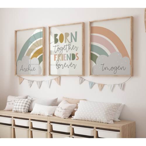 Personalised Twin Nursery Rainbow Prints, Playroom Set of 3, Born Together, Friends Forever, Sibling Decor, New Twin Baby Gift, Shared room