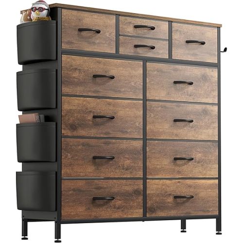 Lulive Dresser for Bedroom with 12 Drawers, Tall Dresser Chest of Drawers with Side Pockets and Hooks, Fabric Dresser Storage Tower for Closet, Hallway, Living Room (Rustic Brown)