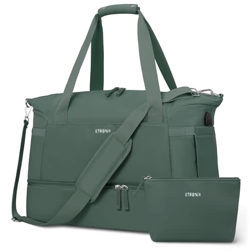 ETRONIK Gym Bag for Women, Travel Duffel Bag with USB Charging Port, Weekender Overnight Bag with Wet Pocket and Shoes Compartment for Women, Travel, Gym, Yoga (Dark Green)