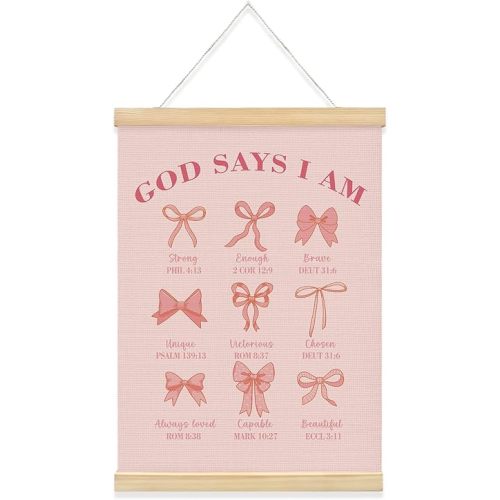 QROZIAR Bible Coquette Pink Bows Wall Art Canvas Posters, God Says I Am Christian Wall Decor Framed with Wood Hanger, Positive Affirmantions Kids Room Wall Decorations for Bedroom Home 12x16 Inch