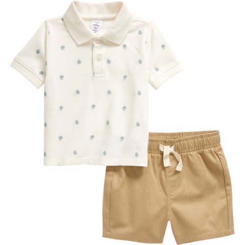 Baby Polo & Shorts Set, 9 M, Ivory Egret Palms- Tan