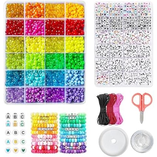 4000+Pcs Pony Beads Bulk, 6*9mm| Friendship Bracelet Making Kit with Assorted Color Plastic Beads in 2 Storage Boxes with 20m Crystal, 30m Elastic String, 3X Braided Ropes & Scissor| Ideal for Jewelry