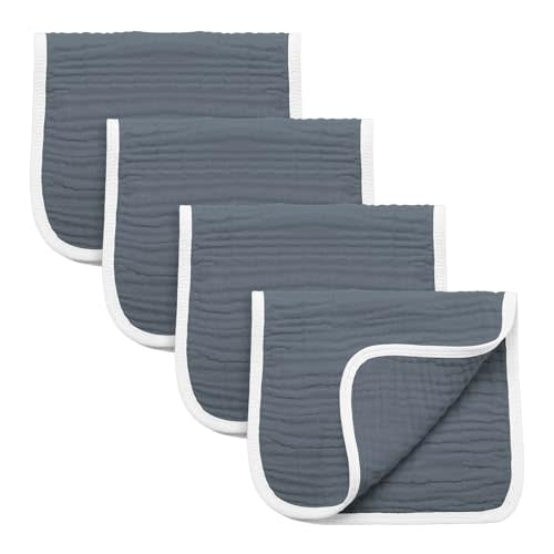Synrroe Burp Cloths Large, Muslin Burp Cloths for Baby Girls and Boys, Pack of 4 Extra Absorbent and Soft Muslin Bibs, 6 Layers 20 by 10 Inches 100% Cotton (Dark Grey 4 Pack)