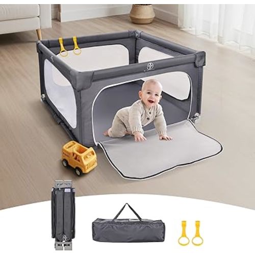 Foldable Baby Playpen, 50×50 Inch Play Pens for Babies and Toddlers, Indoor & Outdoor Kids Safety Fence with Gate, Portable Play Yard with 360° Visible Mesh and Carrying Bag, Grey