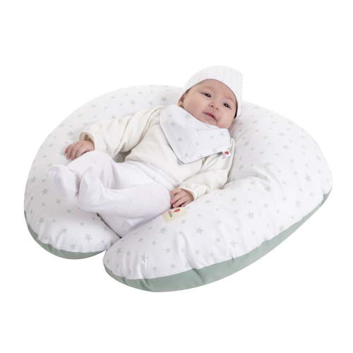 Ergonomic 100% Cotton Nursing Pillow for Breastfeeding, Support, Tumy Time. Original Standard Size, Removable Cover. White-green, Amamantas